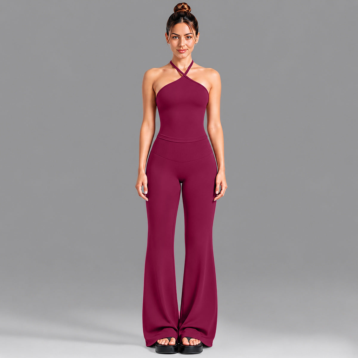 Wholesale Women’s Activewear Set | Contrast Stripe Workout Top & Casual Fitness Leggings | fouregg - Tank Top + Flared Pants, Berry Red
