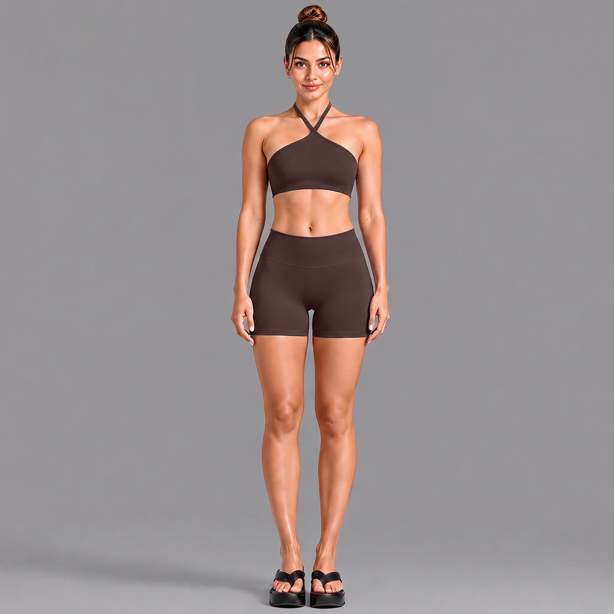 Wholesale Women’s Activewear Set | Contrast Stripe Workout Top & Casual Fitness Leggings | fouregg - Underwear + Shorts, Dark Coffee
