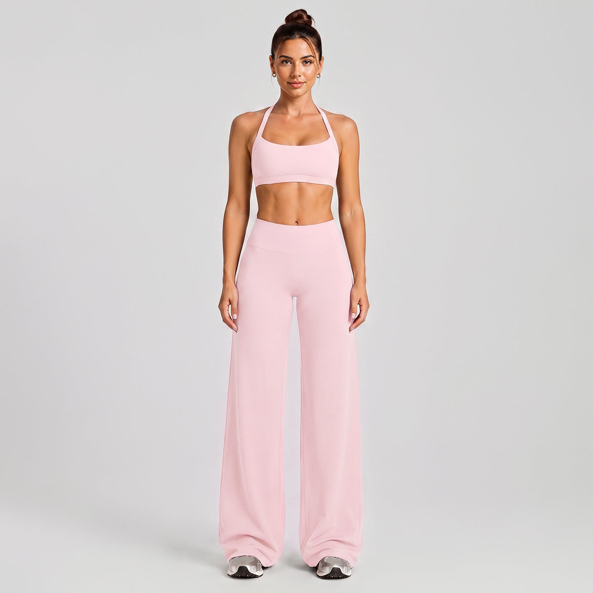 Wholesale Women’s Activewear Set | Halter Neck Sports Bra for Running, Cycling & Pilates | fouregg - Wide-Leg Long Set, Pink