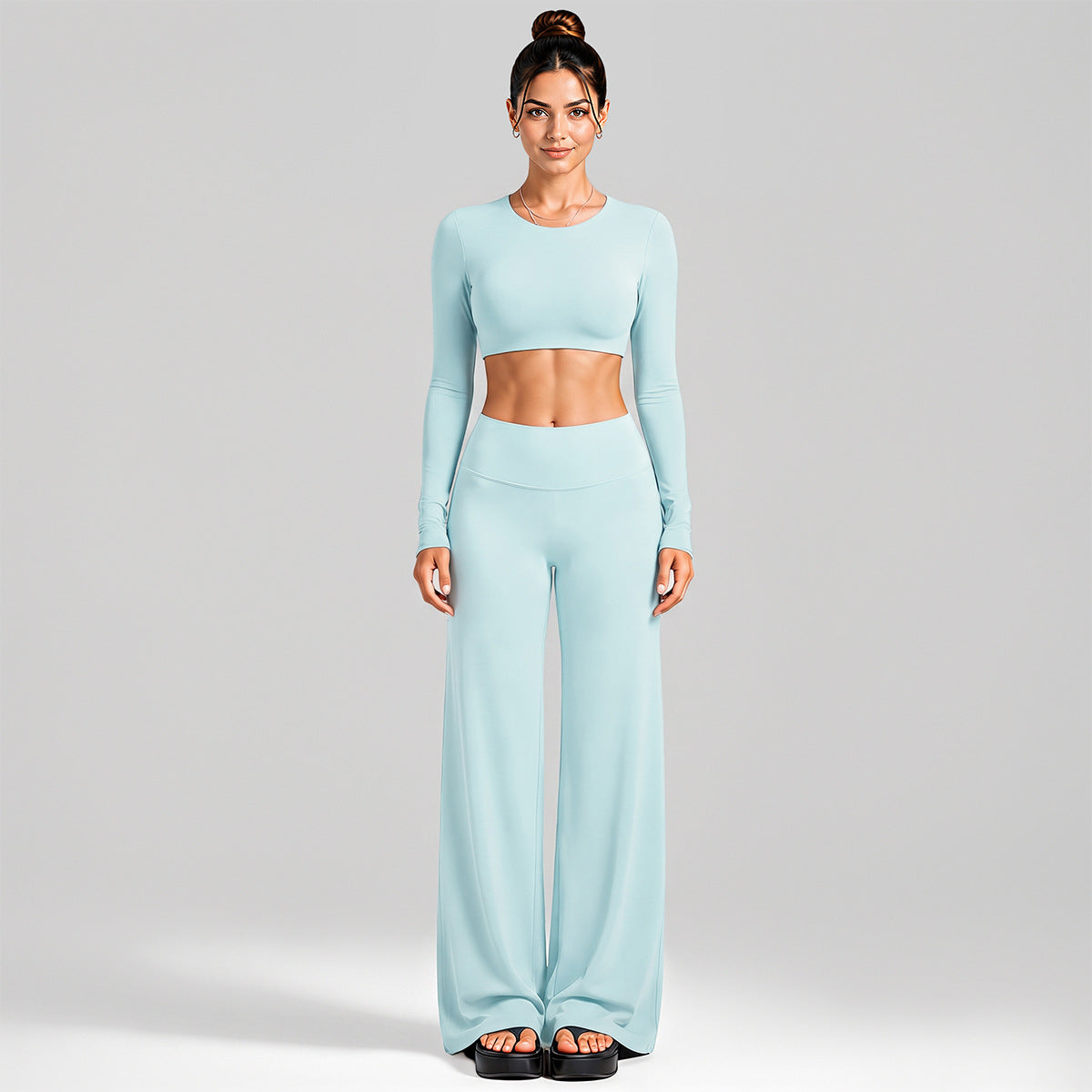 Wholesale Women’s Activewear Set | Cutout Back Long Sleeve Tee & High-Waisted Loose Pants | fouregg - Long Sleeve + Straight Pants Light Blue
