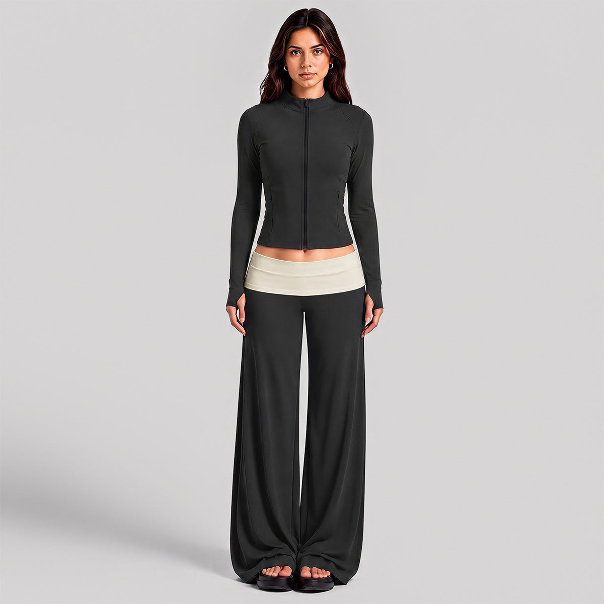 Wholesale Women’s Activewear Set | Quick-Dry Color-Block Track Jacket & Polka Dot Yoga Pants | fouregg - XL37 Jacket + 6187 Pants, Black