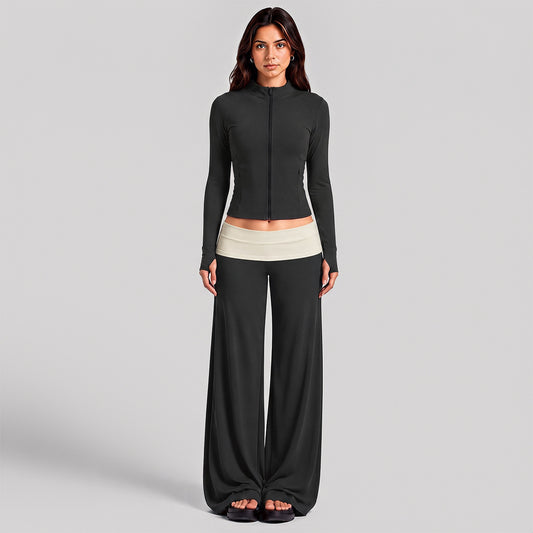 Wholesale Women’s Activewear Set | Quick-Dry Color-Block Track Jacket & Polka Dot Yoga Pants | fouregg - XL37 Jacket + 6187 Pants, Black