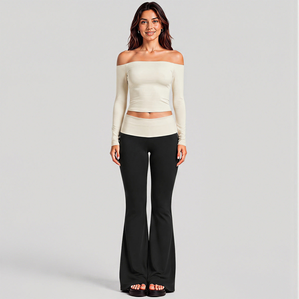 Wholesale Women’s Activewear Set | One-Shoulder Long Sleeve Top & High-Waisted Casual Yoga Pants | fouregg - Long Sleeve + Flared Pants, Off-White