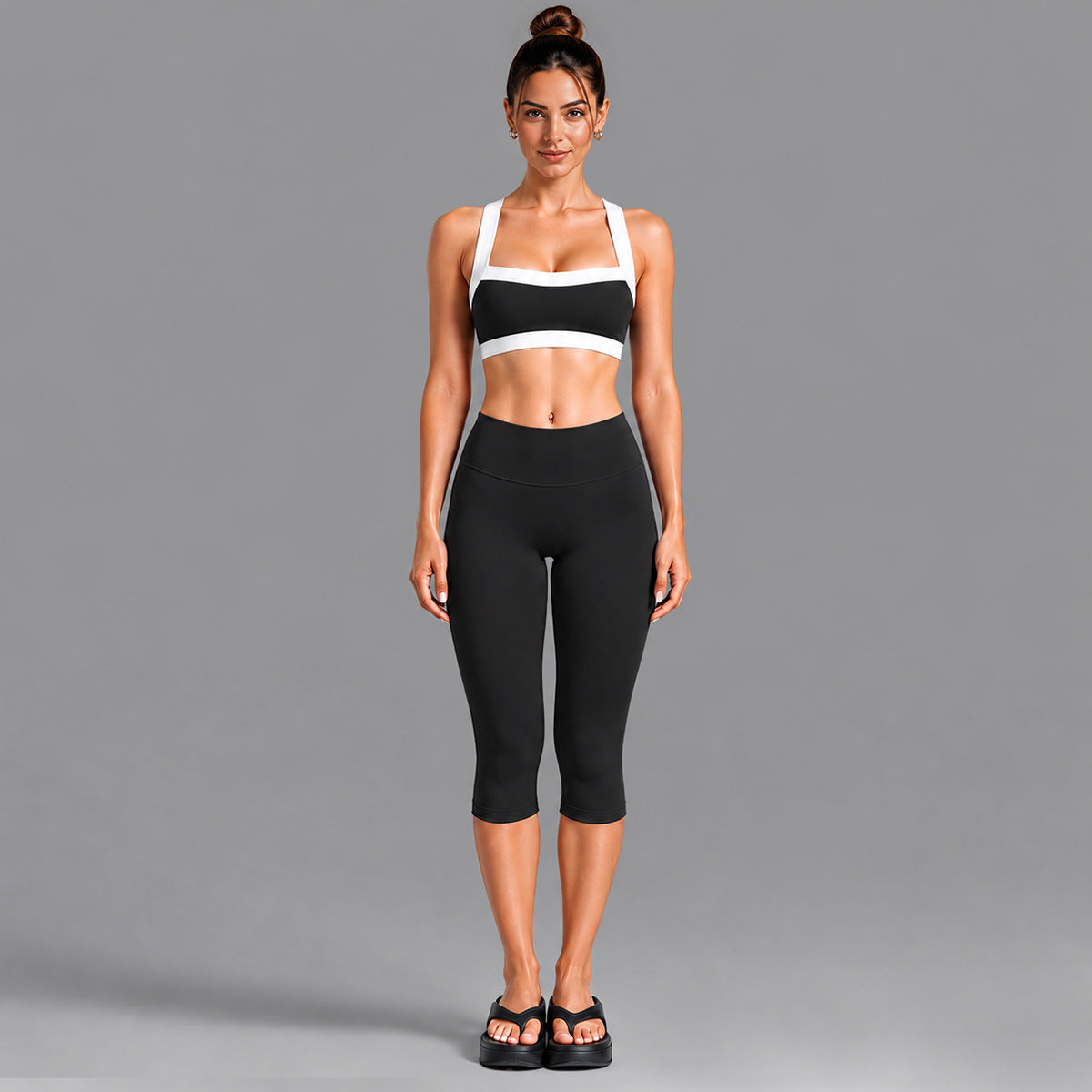 Wholesale Women’s Activewear Set | Contrast-Color Yoga Bra & Pilates Fitness Pants | fouregg - 6231 Underwear + 1554 Mid-Length Pants Black