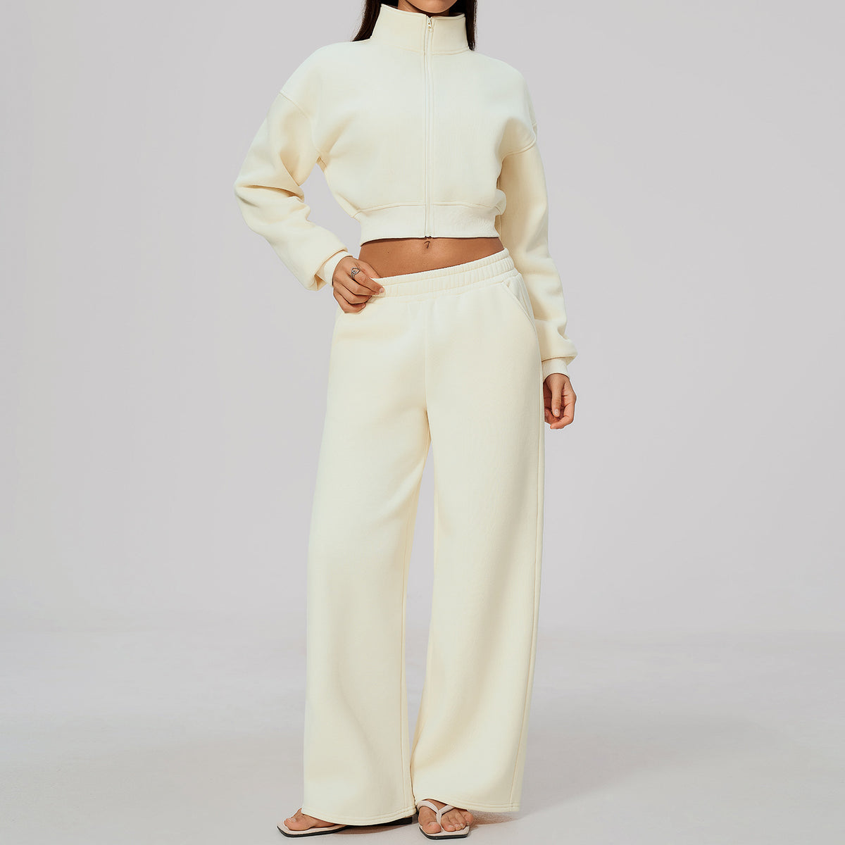 Wholesale Women’s Fleece Tracksuit | Bulk Cropped Jacket & Wide-Leg Pants 3615 | fouregg - 3615 Jacket+3615 Sweatpants—Cream White