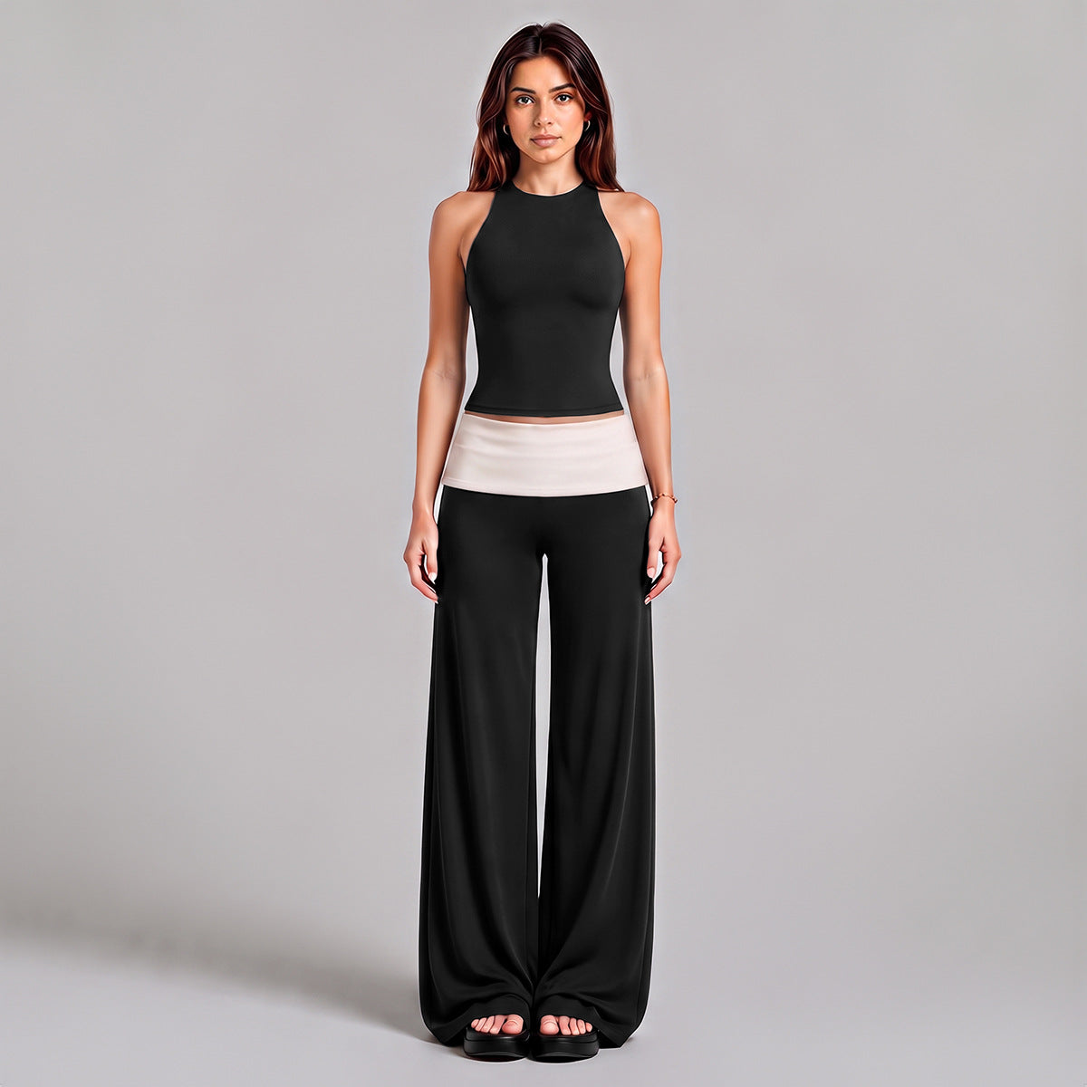 Wholesale Women’s Activewear Set | Color-Block Halter Sports Top & High-Waisted Workout Pants | fouregg - Pants + Tank Top, Black