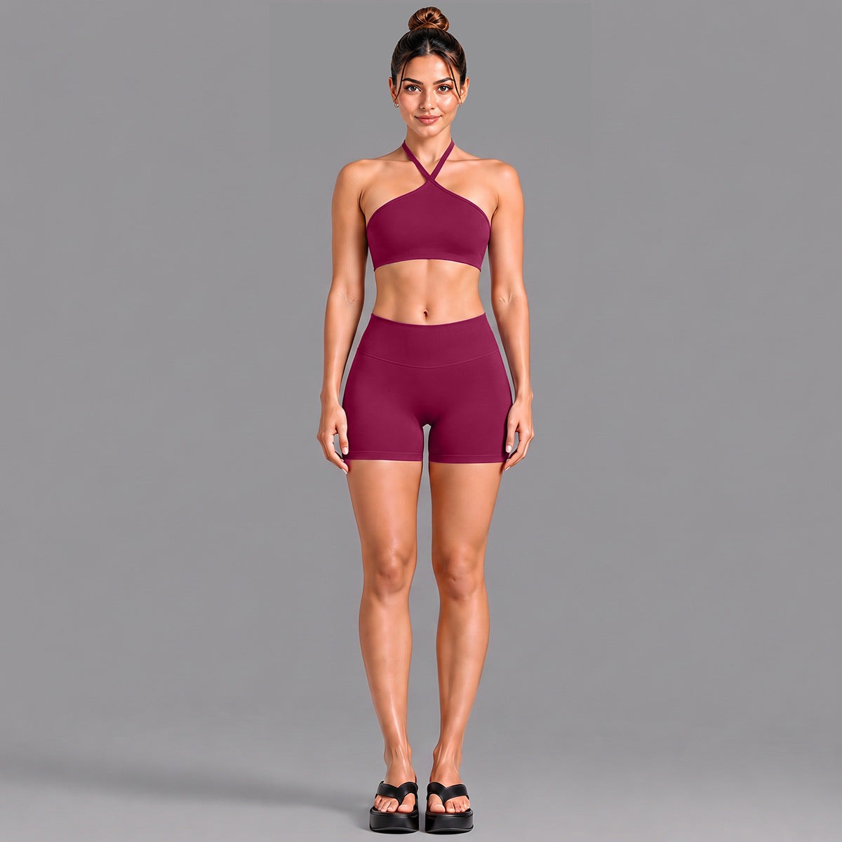 Wholesale Women’s Activewear Set | Contrast Stripe Workout Top & Casual Fitness Leggings | fouregg - Underwear + Shorts, Berry Red