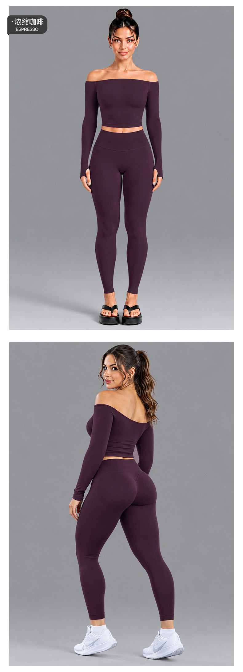 Wholesale Women’s Seamless Activewear Set | Slim-Fit Off-Shoulder Top & Peach-Lift Yoga Pants | fouregg