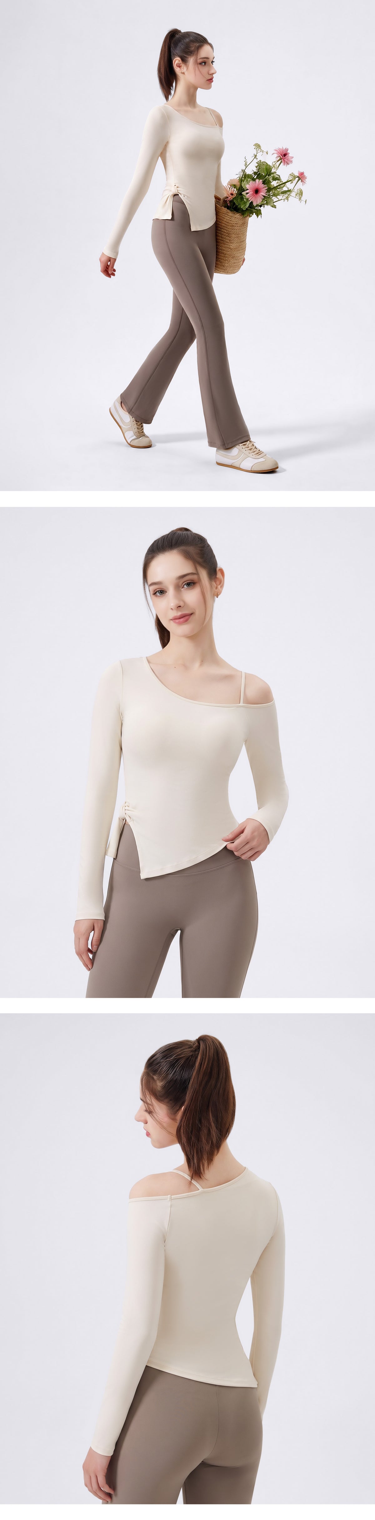 Wholesale Women’s Bow-Detail Workout Top | Split-Hem Off-Shoulder Running & Yoga Activewear | fouregg