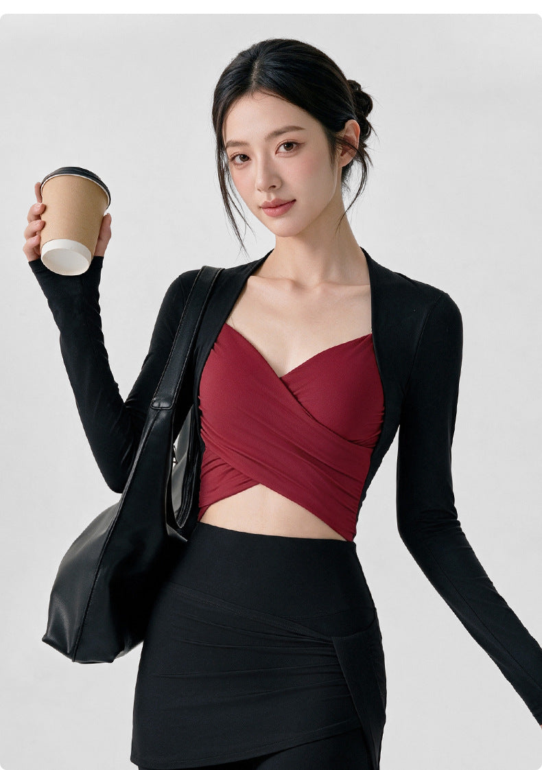 Wholesale Women’s Long Sleeve Pilates Top | Bulk Strapless-Look Slim-Fit Workout Shirt | fouregg