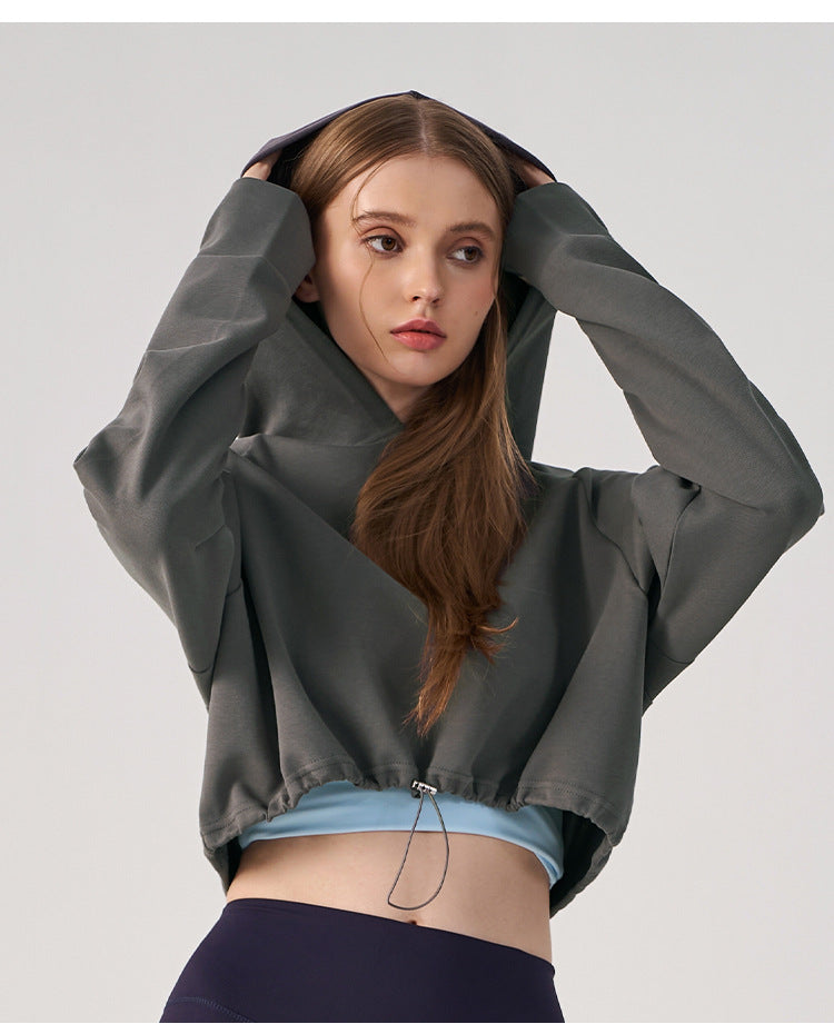 Wholesale Women’s Cropped Sweatshirt | Bulk Relaxed-Fit Hooded Workout Top | fouregg