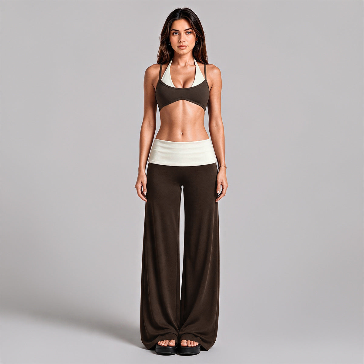 Wholesale Women’s Activewear Set | Backless Halter Bra & Color-Block High-Waisted Yoga Pants | fouregg - Underwear + Long Pants, Root-Protecting Brown