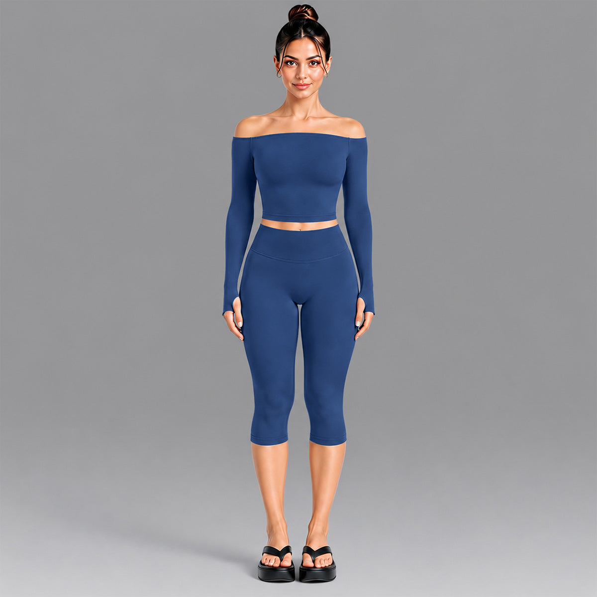 Wholesale Women’s Seamless Activewear Set | Slim-Fit Off-Shoulder Top & Peach-Lift Yoga Pants | fouregg - Long Sleeve + Shorts Steel Blue