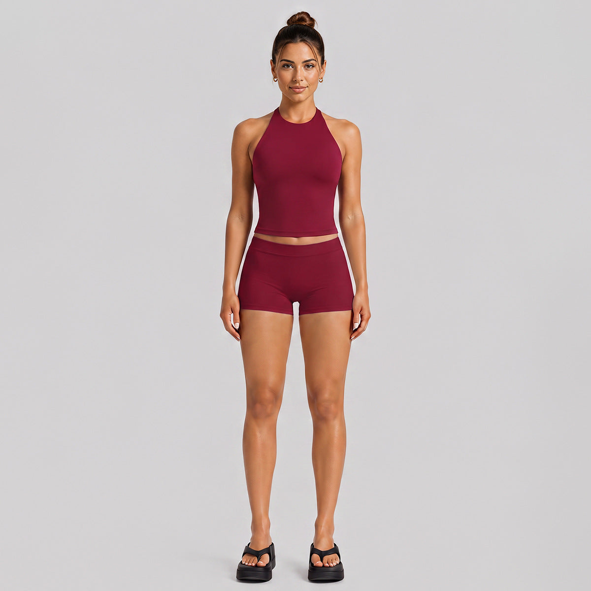 Wholesale Women’s Activewear Set | Halter Neck Workout Top & High-Stretch Pilates Leggings | fouregg - Shorts Set, Rumba Red