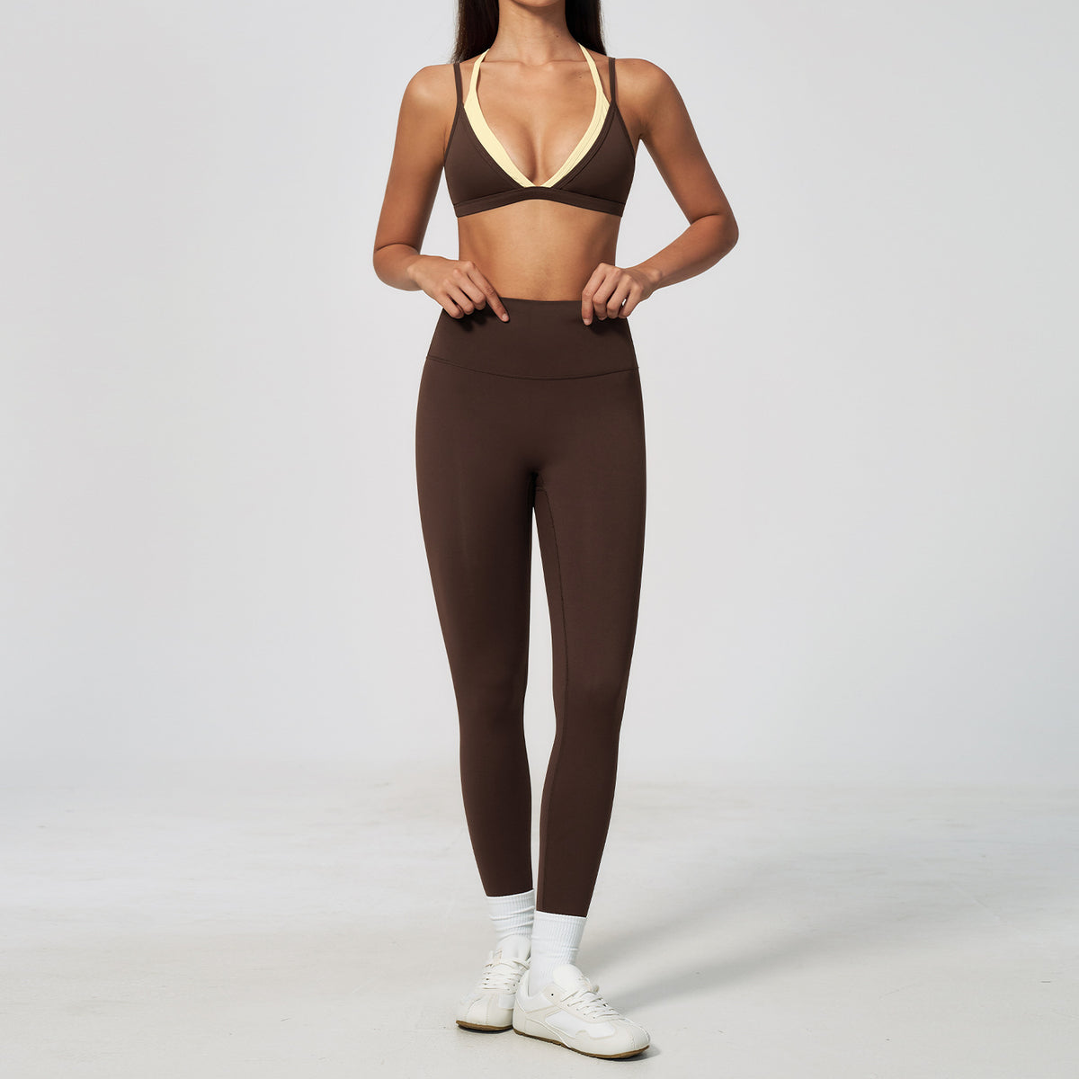 fouregg Faux Twinset Yoga Set Skinny Straps Layered Look Gym Workout Set #6116