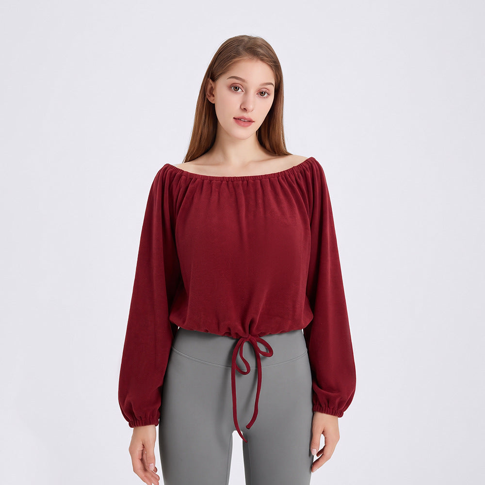 Wholesale Women’s Activewear Top | Slim-Fit Drawstring Off-Shoulder Warm-Up Shirt | fouregg - Velvet Wine Red