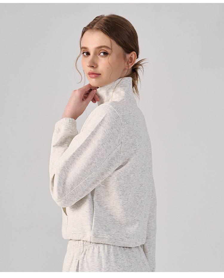 Wholesale Women’s Cropped Sweatshirt | Bulk Relaxed-Fit Half-Zip Workout Top | fouregg