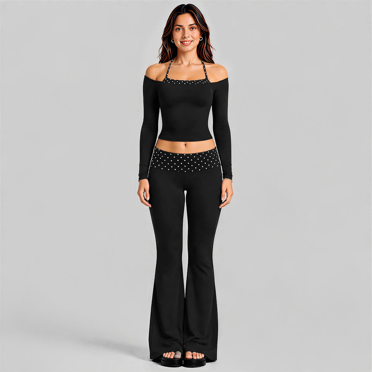 Wholesale Women’s Activewear Set | Long Sleeve Mock-Layer Halter Top & Straight-Leg Yoga Pants | fouregg - Long Sleeve and Flared Pants Black with Black and White Dots