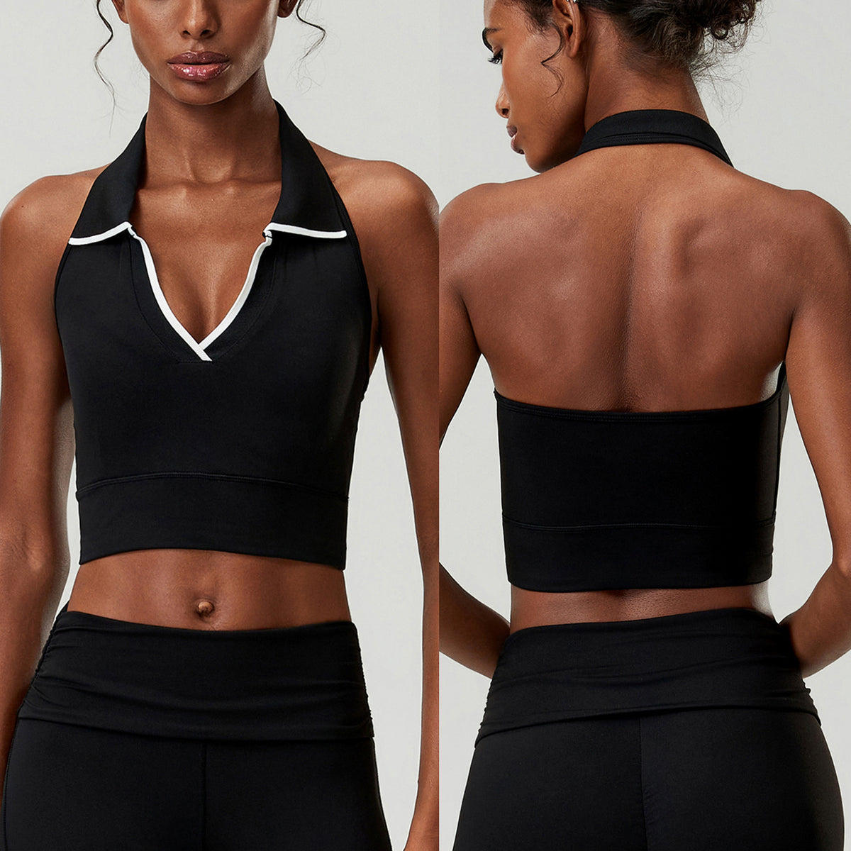 Wholesale Women’s Halter Sports Bra | Bulk Stretch Tennis, Yoga & Badminton Top | fouregg - Black