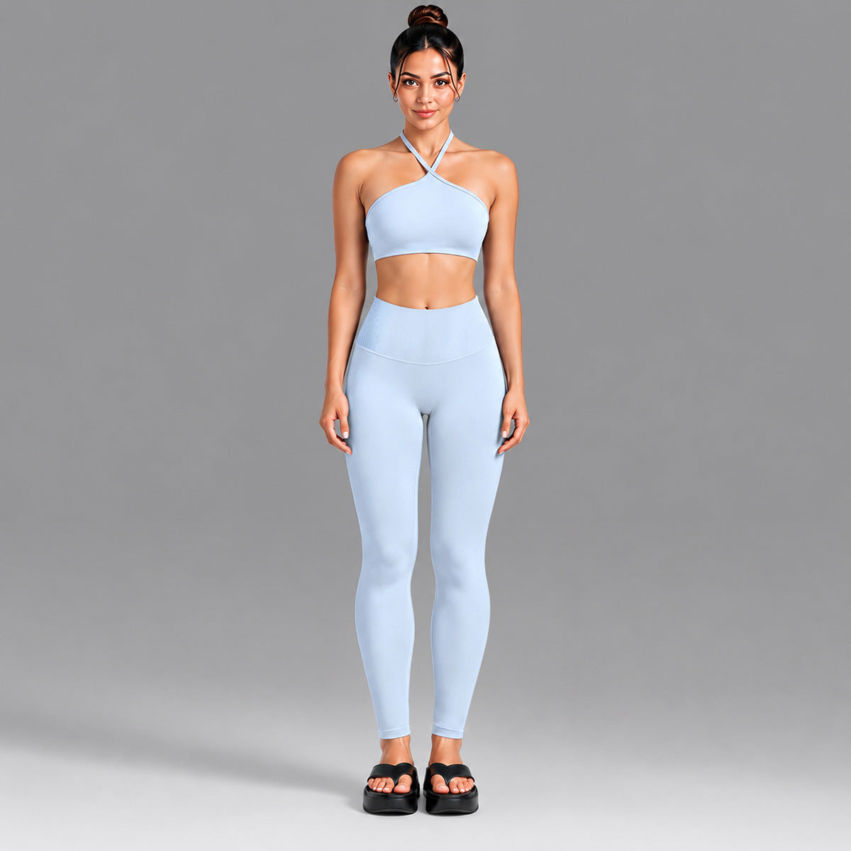 Wholesale Women’s Activewear Set | Contrast Stripe Workout Top & Casual Fitness Leggings | fouregg - Underwear + Leggings, Misty Blue