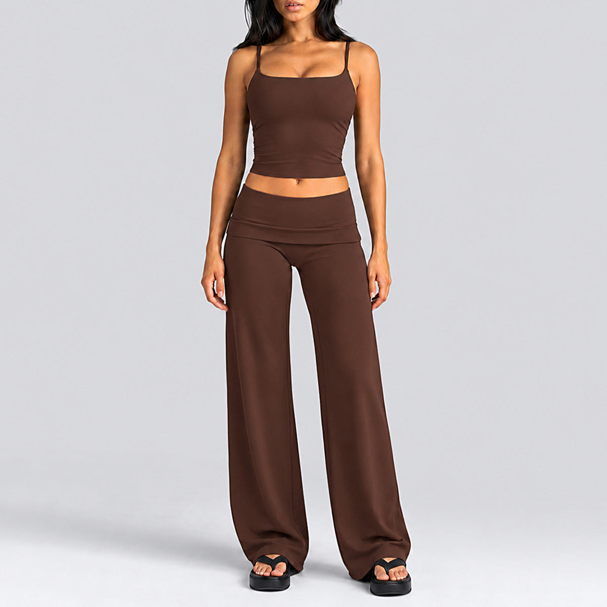 Wholesale Women’s Activewear Set | Quick-Dry Backless Tank Top & Slimming High-Waisted Workout Pants | fouregg - Tank Top + Straight-Leg Pants, Dark Coffee Brown
