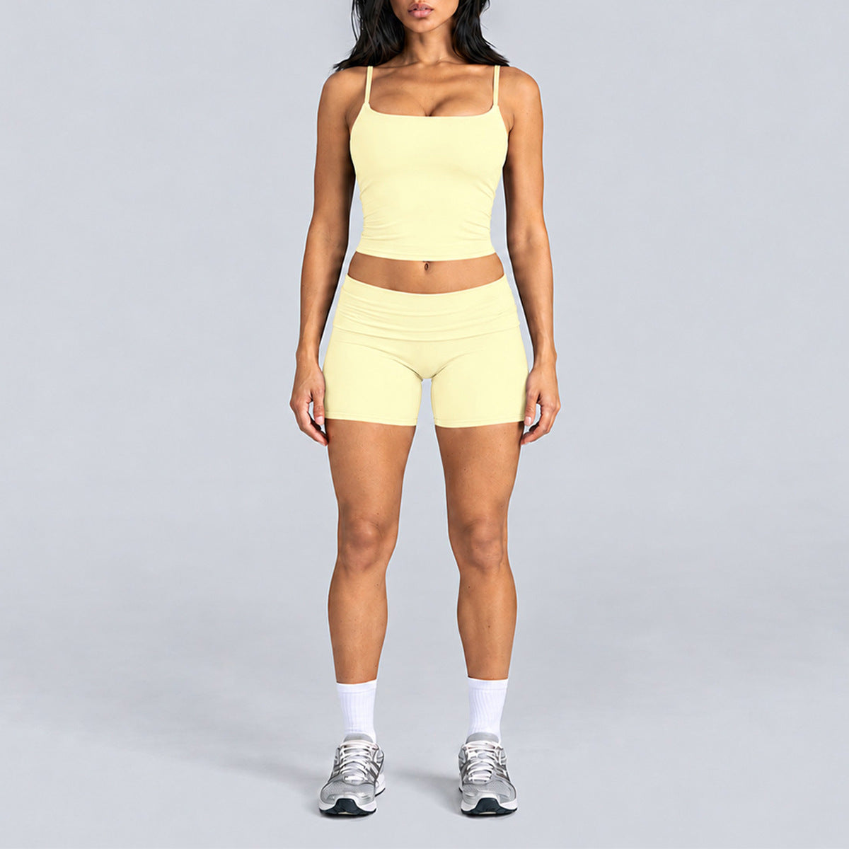 Wholesale Women’s Activewear Set | Quick-Dry Backless Tank Top & Slimming High-Waisted Workout Pants | fouregg - Tank Top + Shorts, Cream Yellow
