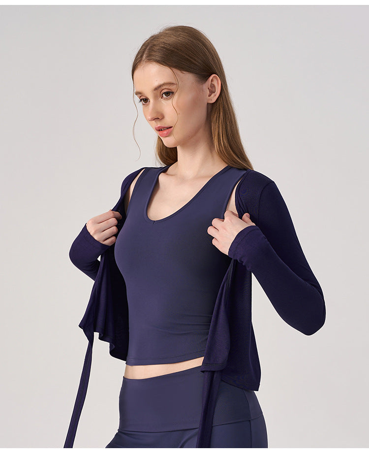 Wholesale Women’s Wrap Yoga Top | Thin Long-Sleeve Crossover Cardigan for Pilates & Activewear | fouregg