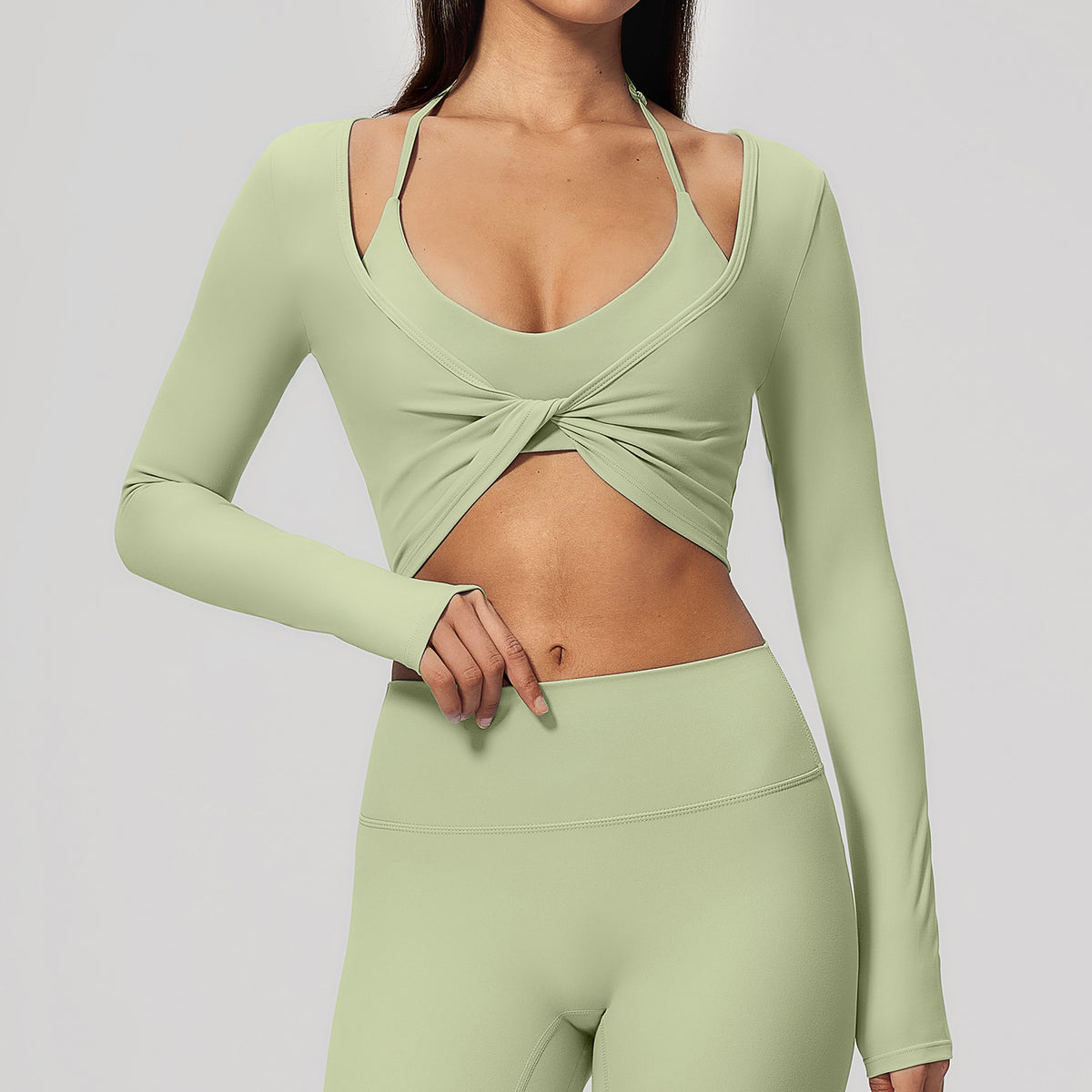 Wholesale Women’s Brushed Pilates Top 5529 | High-Stretch Breathable Cropped Workout Shirt | fouregg - Misty Green