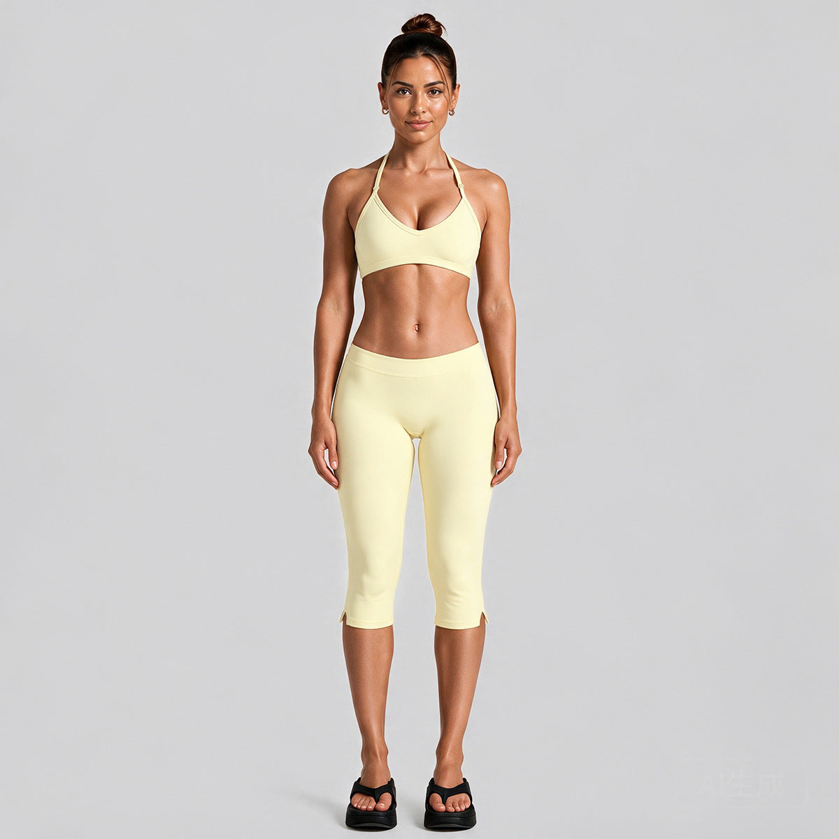 Wholesale Women’s Quick-Dry Activewear Set | Backless Halter Top & Mid-Length Workout Pants | fouregg - Cream Yellow