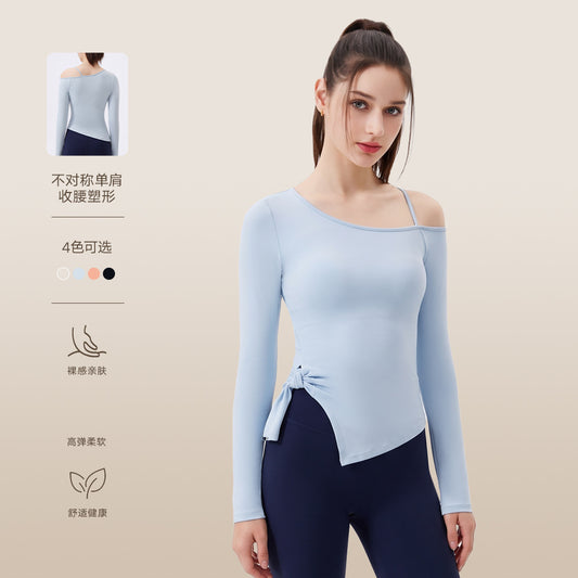 Wholesale Women’s Bow-Detail Workout Top | Split-Hem Off-Shoulder Running & Yoga Activewear | fouregg