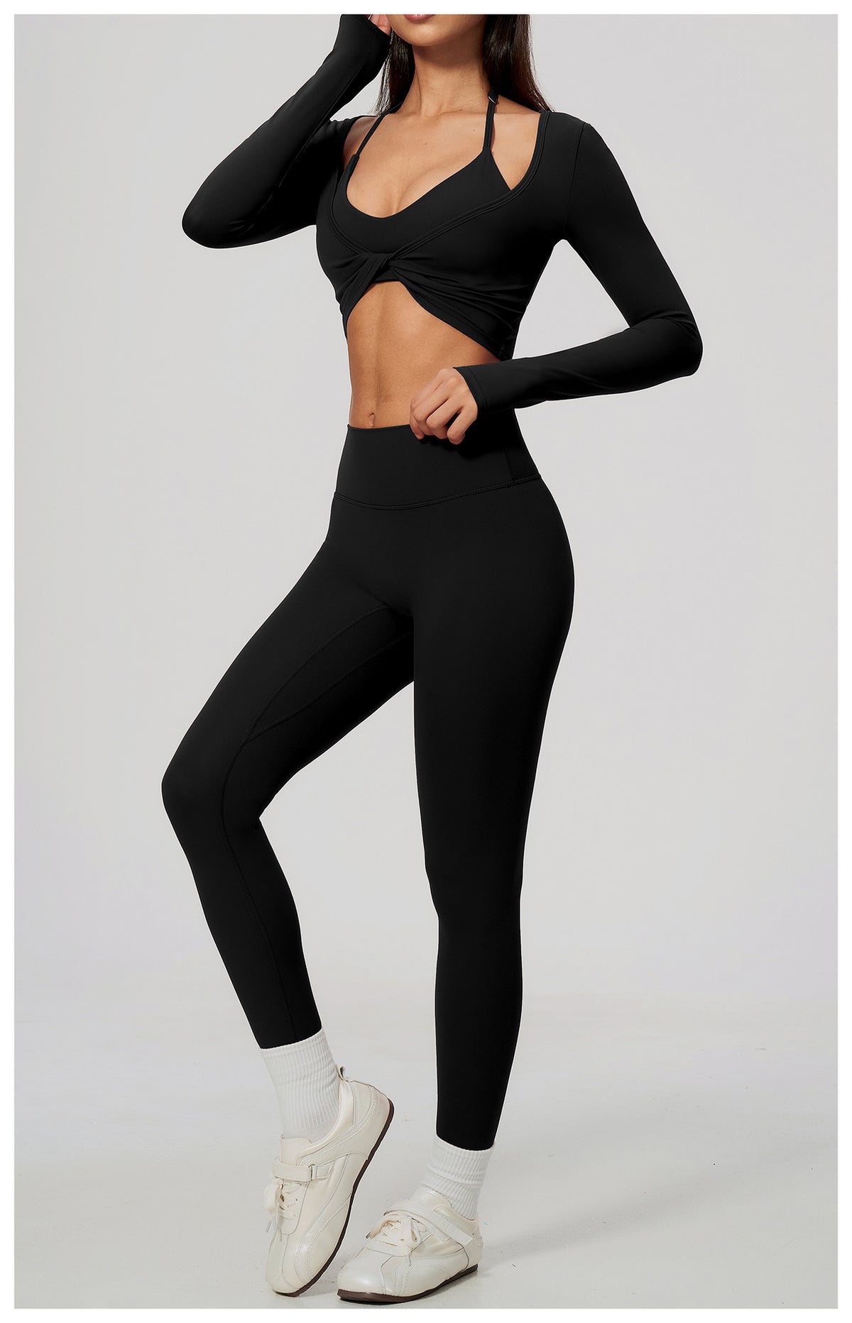 Wholesale Women’s Brushed Activewear Set 5529 | Slim-Fit Halter, Stand-Collar Jacket & Sculpting Pants | fouregg