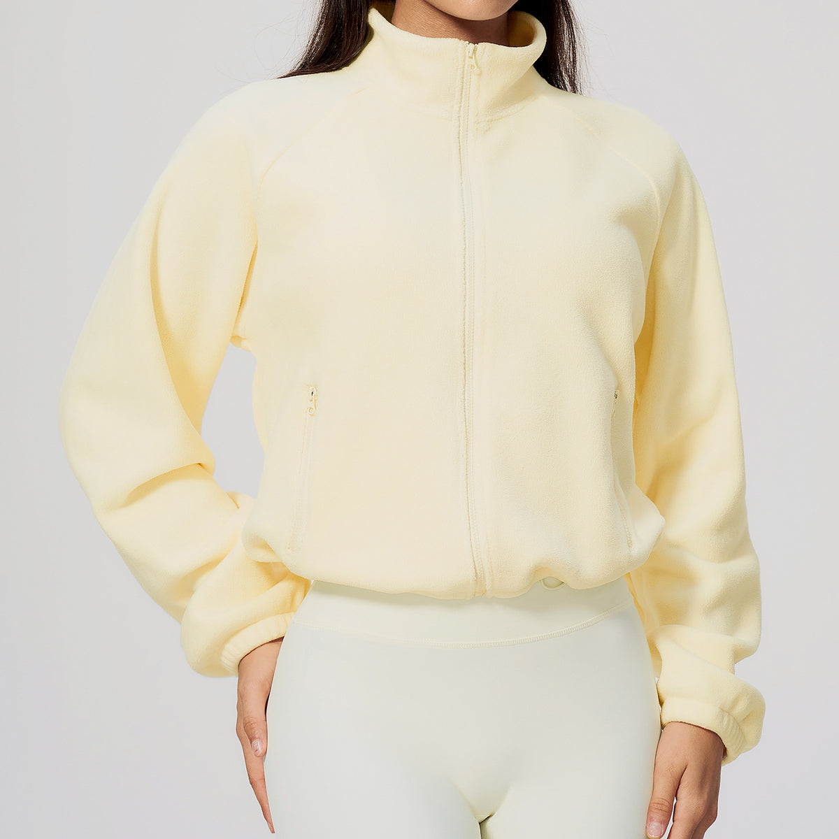 Wholesale Women’s Casual Activewear Jacket 5585 | Relaxed-Fit Warm Cropped Zip-Up | fouregg - Cream Apricot