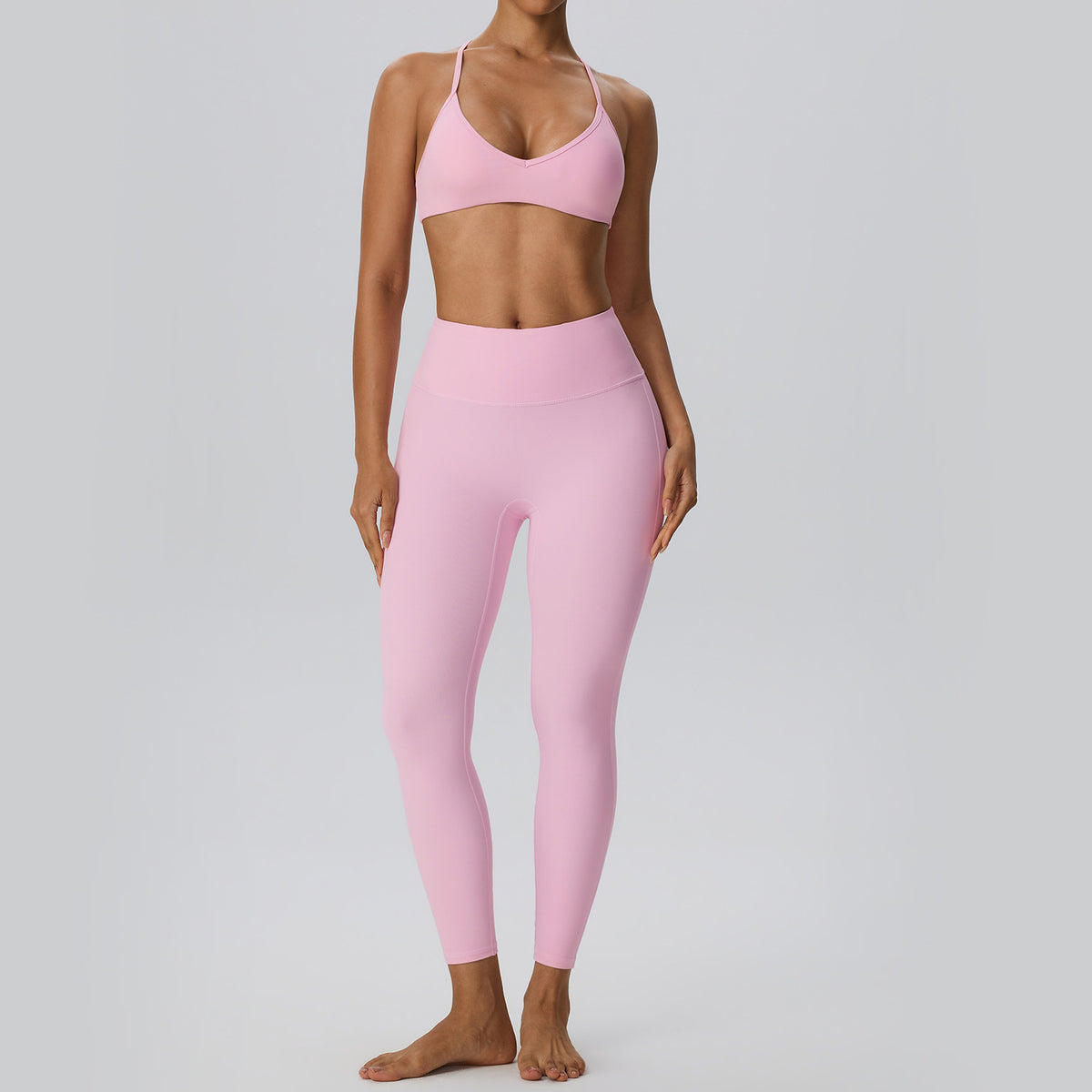 Wholesale Women’s Double-Brushed Yoga Set | Bulk Sculpting Sports Bra & High-Waist Leggings | fouregg - Peach Pink