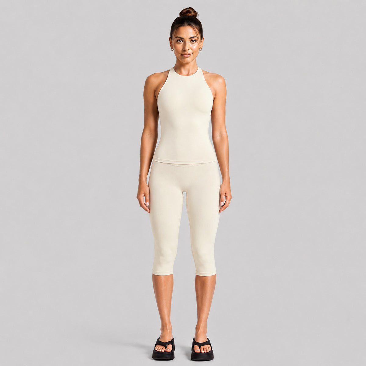 Wholesale Women’s Activewear Set | Slimming Sports Tank & Loose-Fit Workout Pants | fouregg - Fitted Mid-Length Set, Albumen White