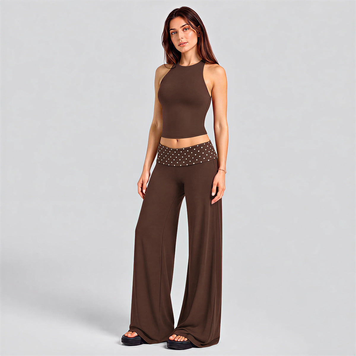 Wholesale Women’s Activewear Set | Halter Sports Top & Contrast Polka Dot Workout Pants | fouregg - Tank Top + Pants, Dark Coffee Brown