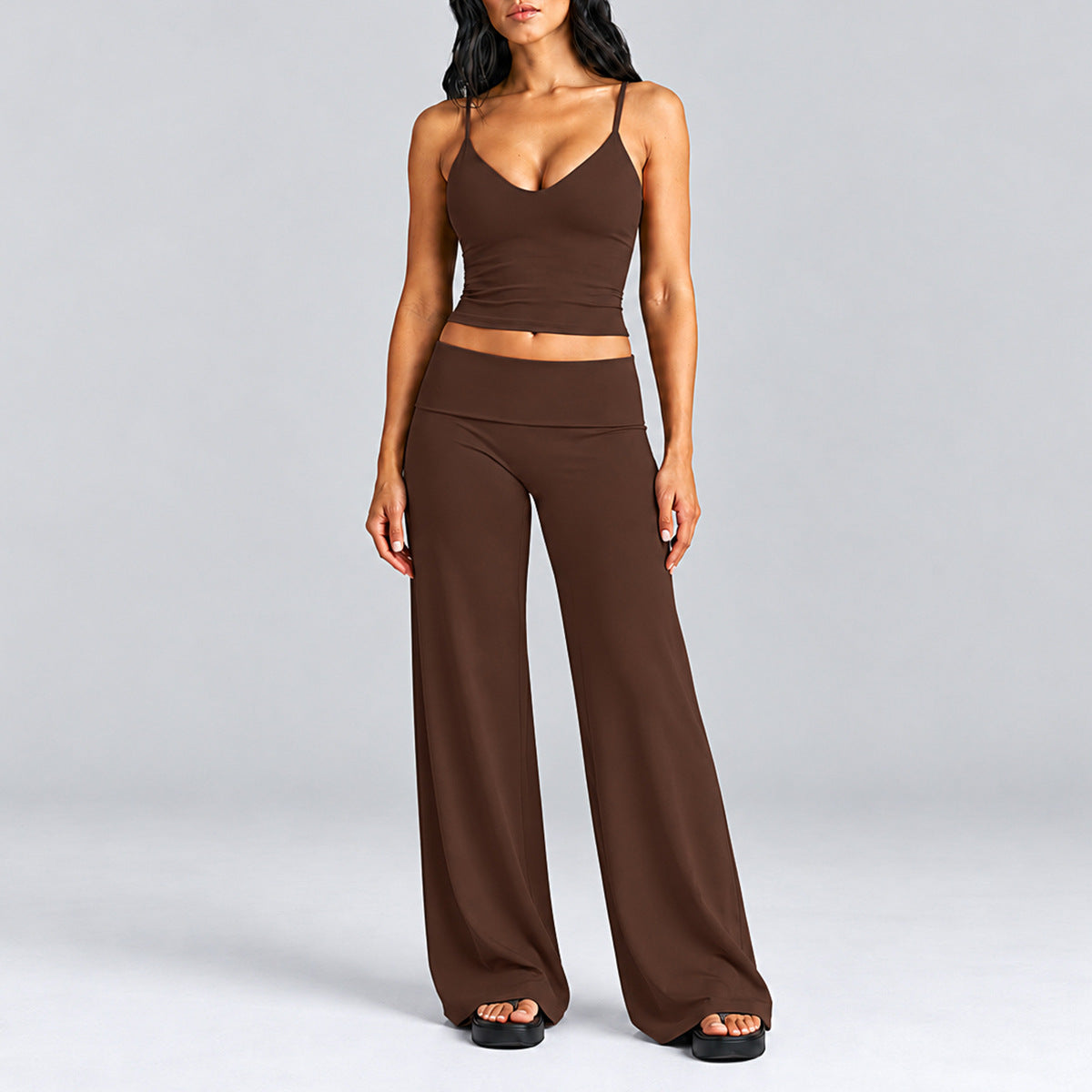 Wholesale Women’s Activewear Set | Quick-Dry Backless Sports Tank & High-Waisted Workout Pants | fouregg - Tank Top + Pants, Dark Coffee Brown