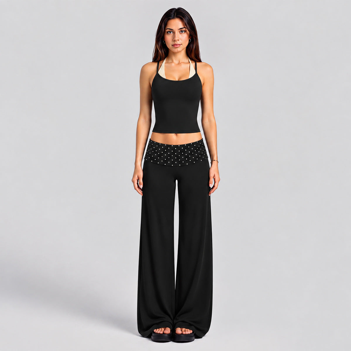 Wholesale Women’s Activewear Set | Halter Sports Top & Color-Block High-Waisted Yoga Pants | fouregg - 6147 Tank + 6181 Pants, Black