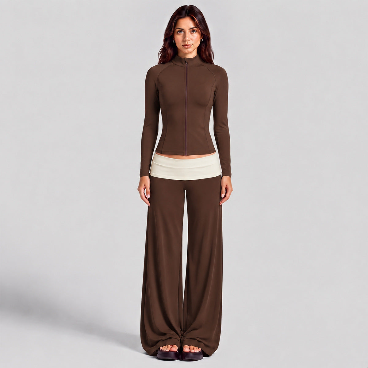 Wholesale Women’s Activewear Set | High-Neck Workout Jacket & Color-Block Yoga Leggings | fouregg - Rich Coffee Brown