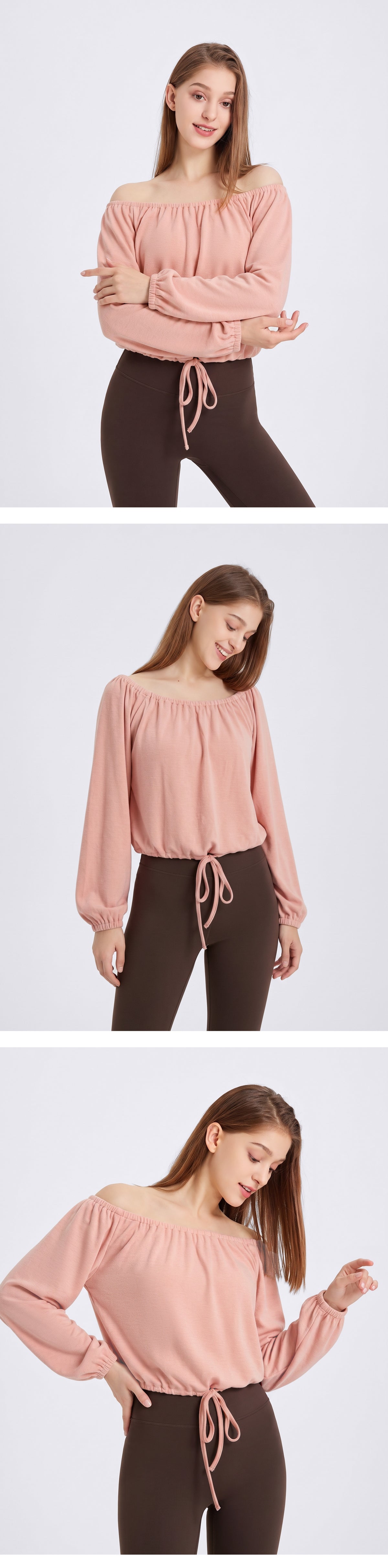 Wholesale Women’s Activewear Top | Slim-Fit Drawstring Off-Shoulder Warm-Up Shirt | fouregg