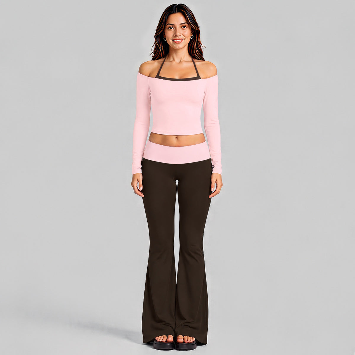 Wholesale Women’s Activewear Set | Long Sleeve Mock-Layer Halter Top & Straight-Leg Yoga Pants | fouregg - Long Sleeve and Flared Pants Pink with Root Brown
