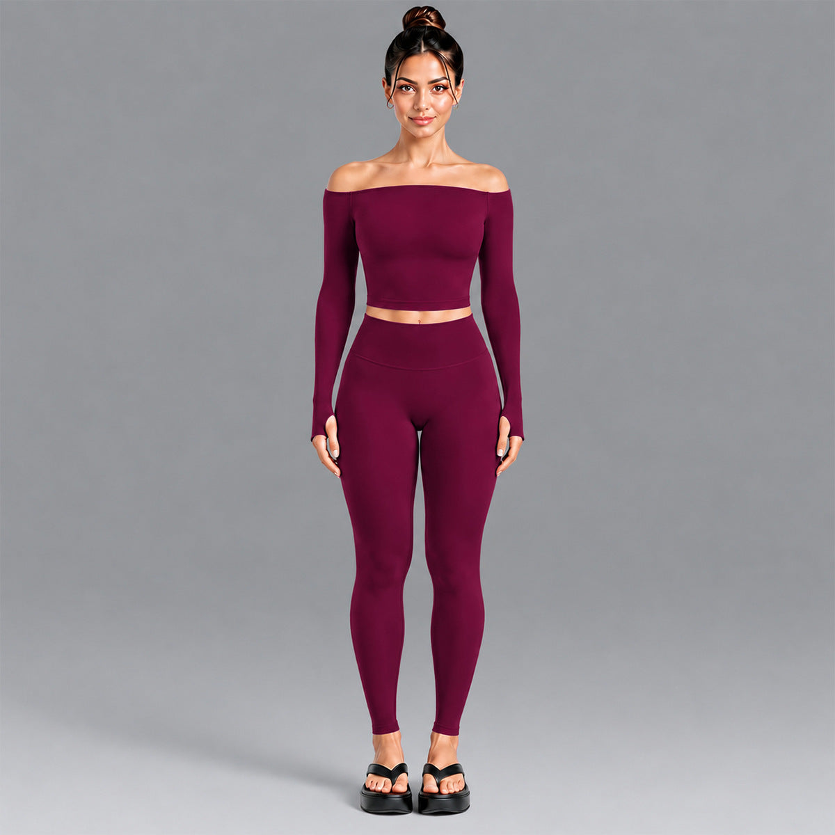 Wholesale Women’s Seamless Activewear Set | Slim-Fit Off-Shoulder Top & Peach-Lift Yoga Pants | fouregg - Long Sleeve + Pants Plum