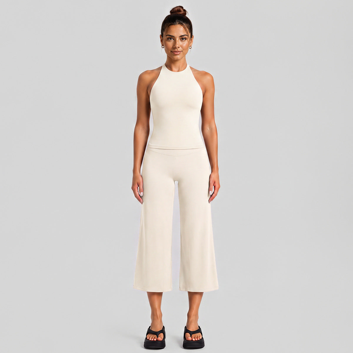 Wholesale Women’s Activewear Set | Slimming Sports Tank & Loose-Fit Workout Pants | fouregg - Wide-Leg Mid-Length Set, Albumen White