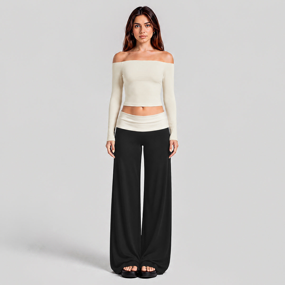 Wholesale Women’s Activewear Set | One-Shoulder Long Sleeve Top & High-Waisted Casual Yoga Pants | fouregg - Long Sleeve + Long Pants, Off-White