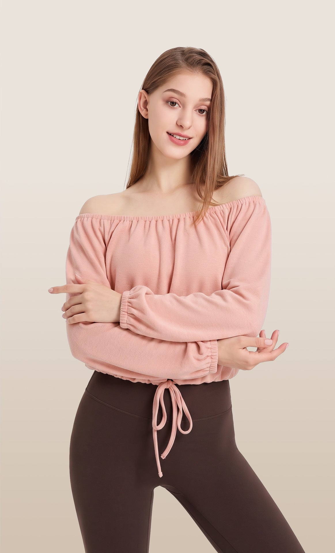 Wholesale Women’s Activewear Top | Slim-Fit Drawstring Off-Shoulder Warm-Up Shirt | fouregg