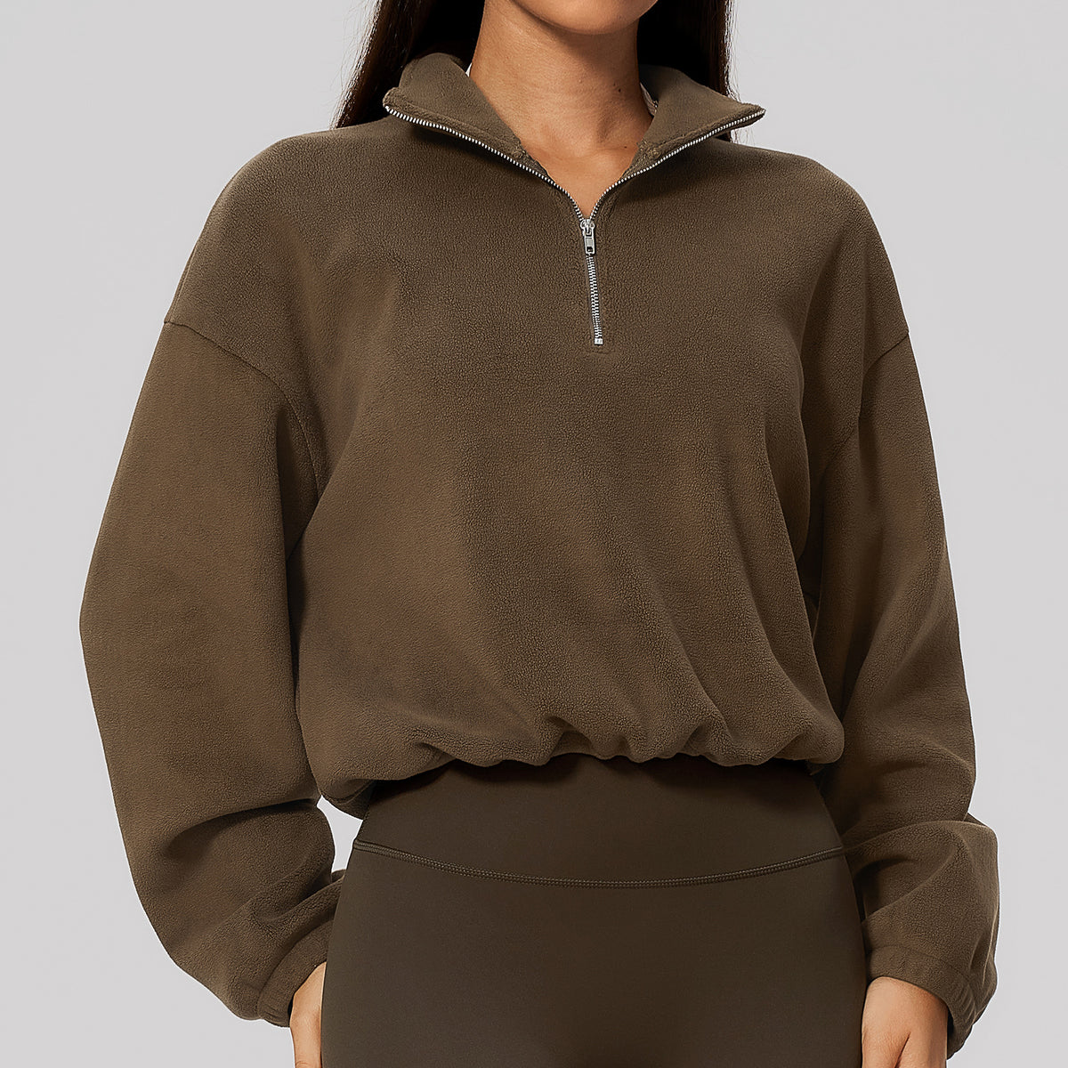 Wholesale Women’s Half-Zip Sports Top | Bulk Relaxed-Fit Color Block Sweatshirt 3619 | fouregg - Tea Brown