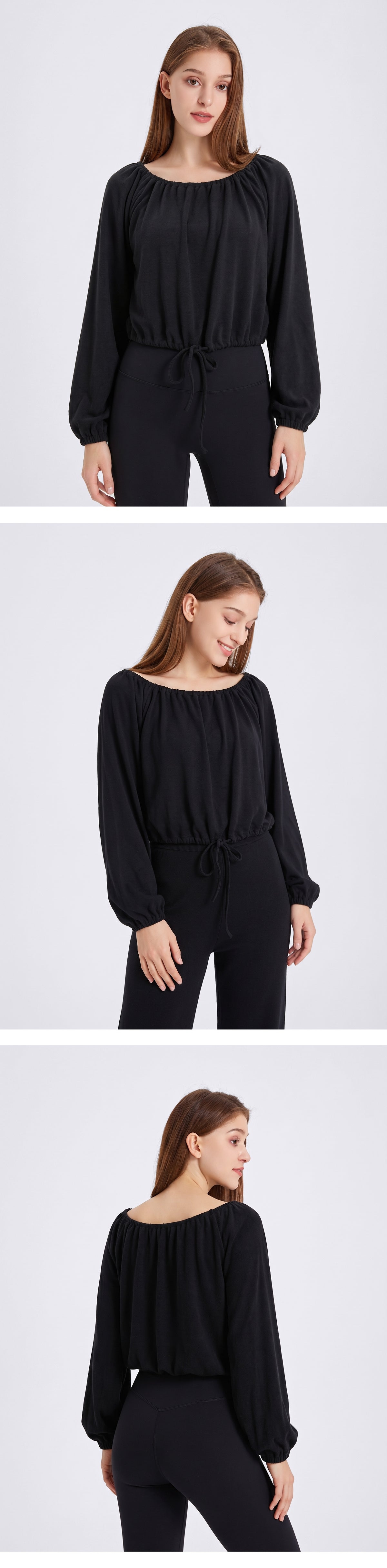 Wholesale Women’s Activewear Top | Slim-Fit Drawstring Off-Shoulder Warm-Up Shirt | fouregg