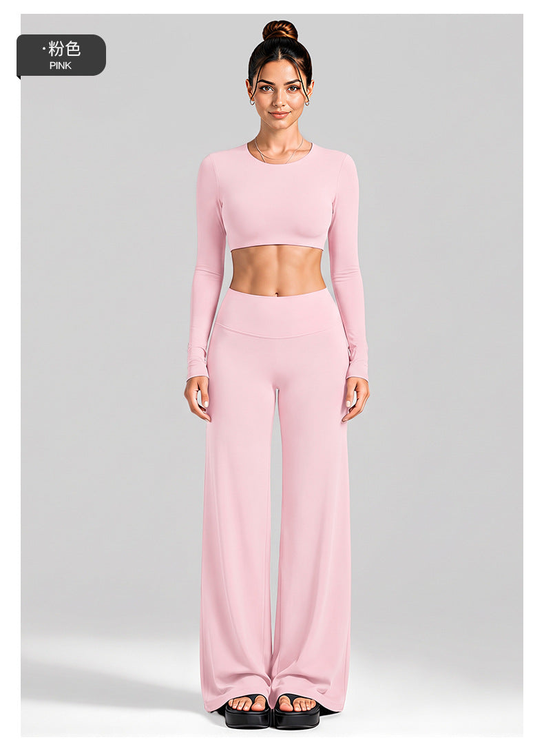 Wholesale Women’s Activewear Set | Cutout Back Long Sleeve Tee & High-Waisted Loose Pants | fouregg
