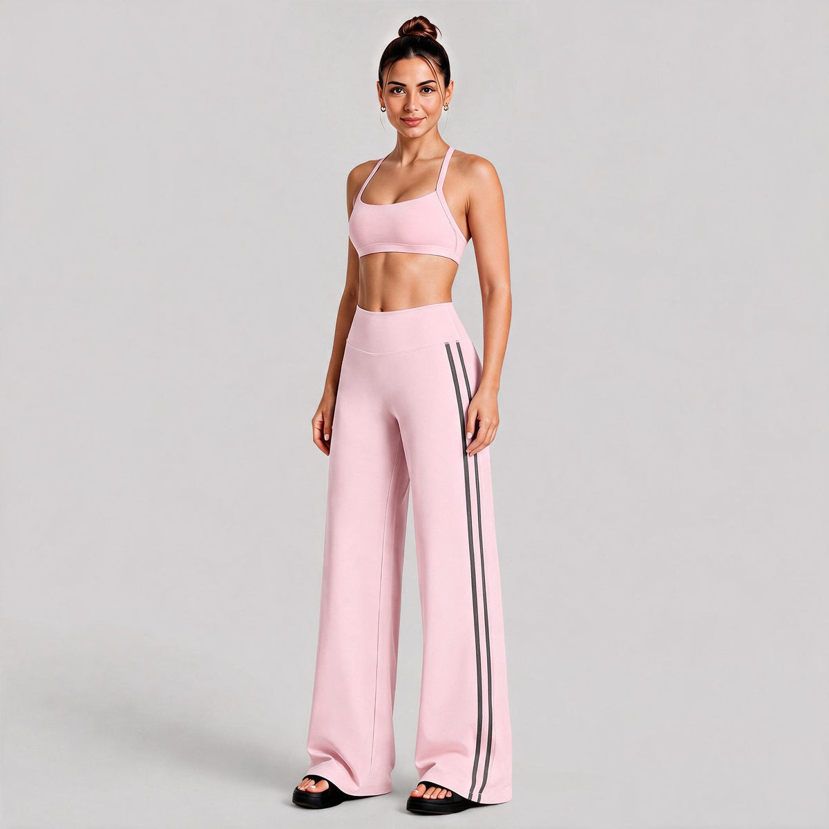 Wholesale Women’s Contrast-Color Activewear Set | Open-Back Halter Bra & Relaxed Straight-Leg Trousers | fouregg - Pink