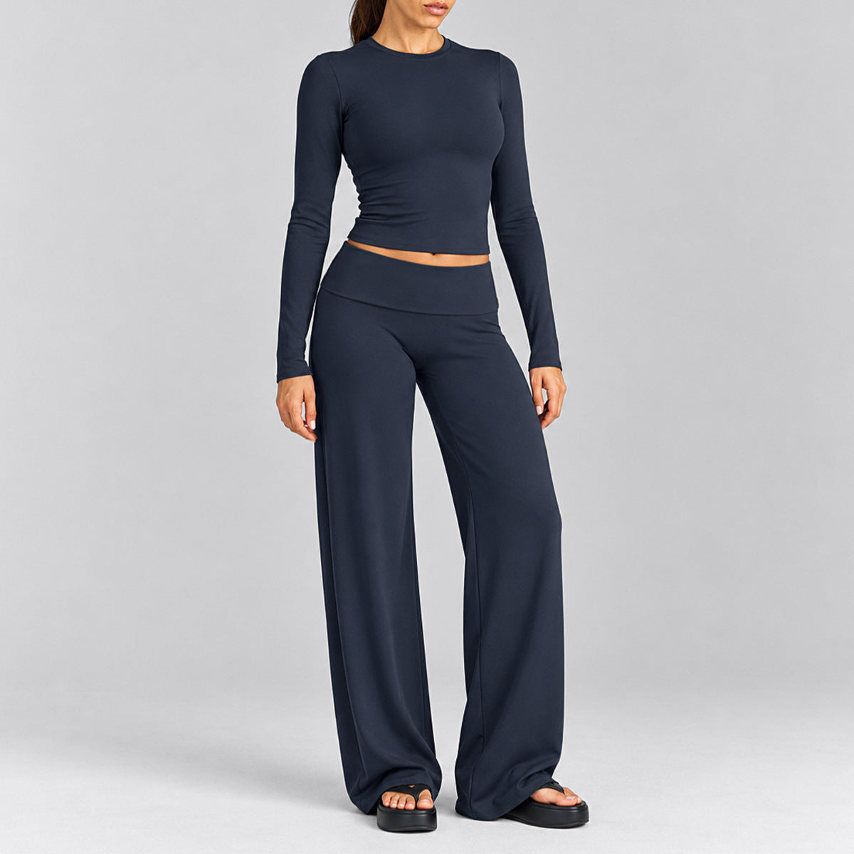 Wholesale Women’s Activewear Set | Fitted Long Sleeve Tee & Loose-Fit Foldover Waist Workout Pants | fouregg - Long Sleeve + Long Pants, Blueberry