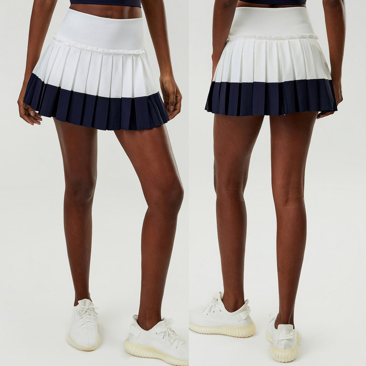 Wholesale Women's Puff-Edge Tennis Skirt Wholesale | Striped Polyester Sports Skirt | fouregg | SP670 - Denim Blue